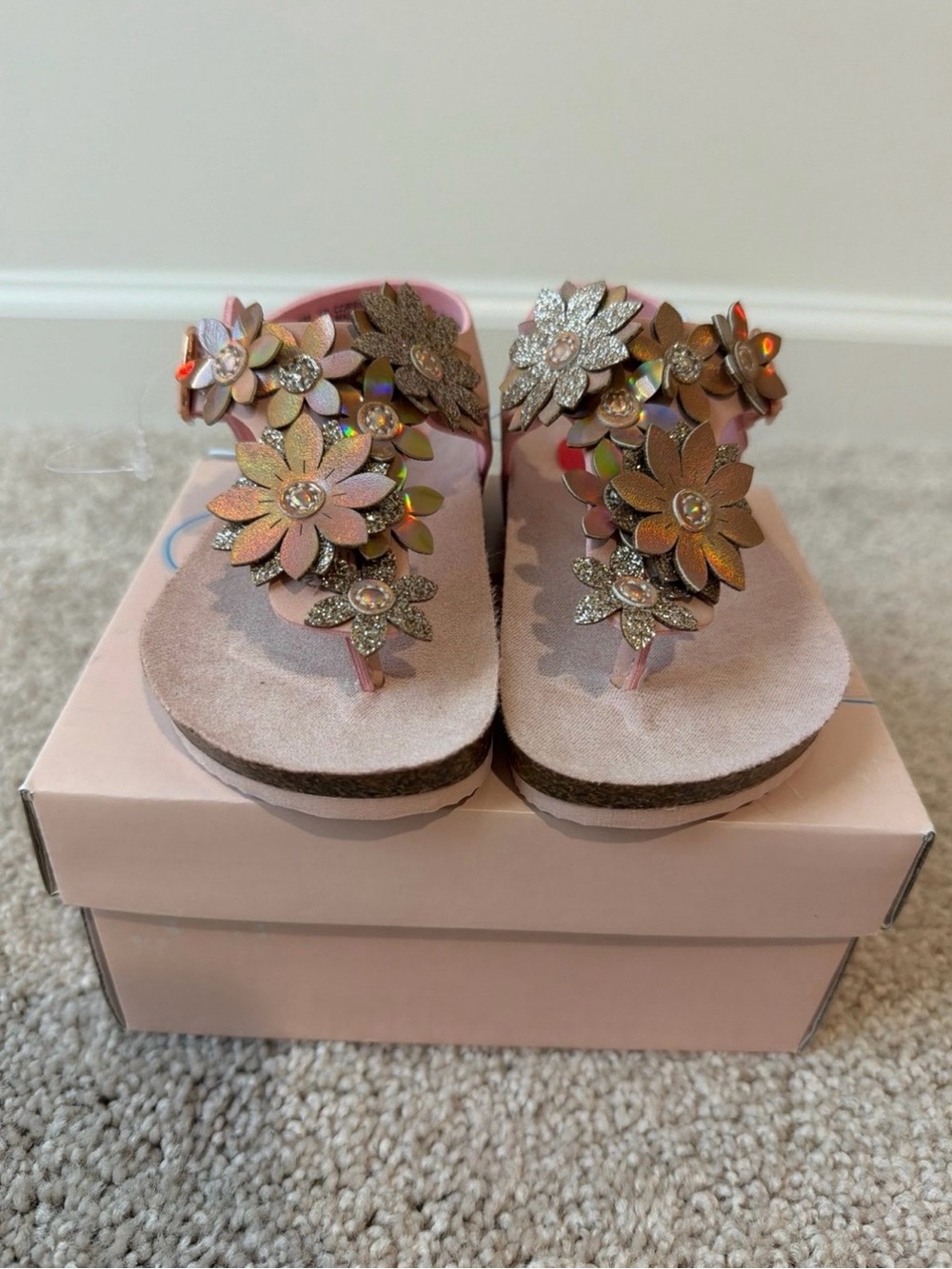 Girls Pink Floral Jewel Embellished Flip Flops